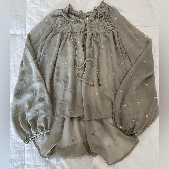 Free People Tops - Free People sz. M long sleeve sheer blouse green polka dot